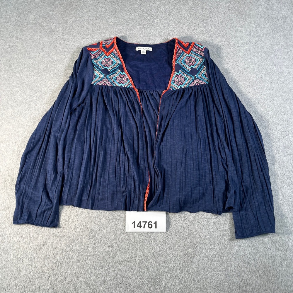 American Eagle Outfitters Blouse Top Womens M Blue Cotton Open Front Embroidered